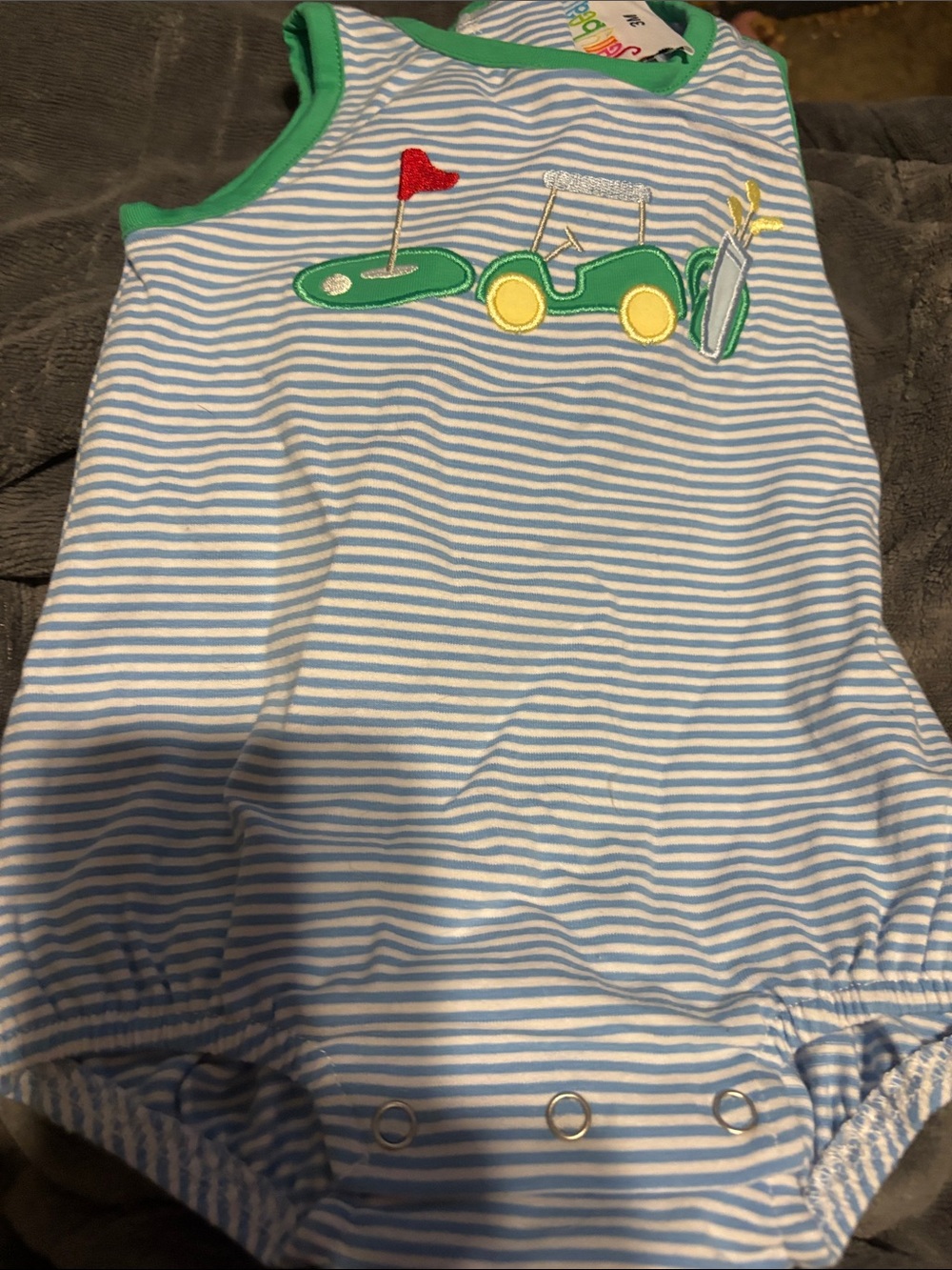 Jelly Beans Blue & White Striped Golf Cart Appliqué One-Piece